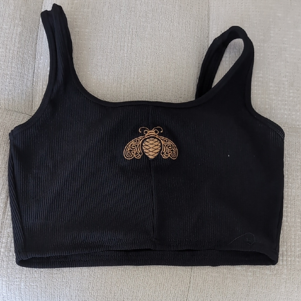 Black Crop Top with Gold Bee Embroidery